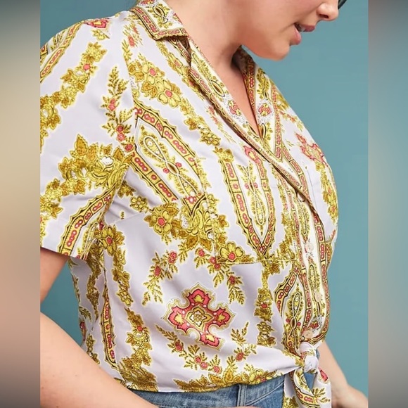Anthropologie Echarpe Paisley Tie-Front Top Yellow Floral Accents 4 - Picture 4 of 8